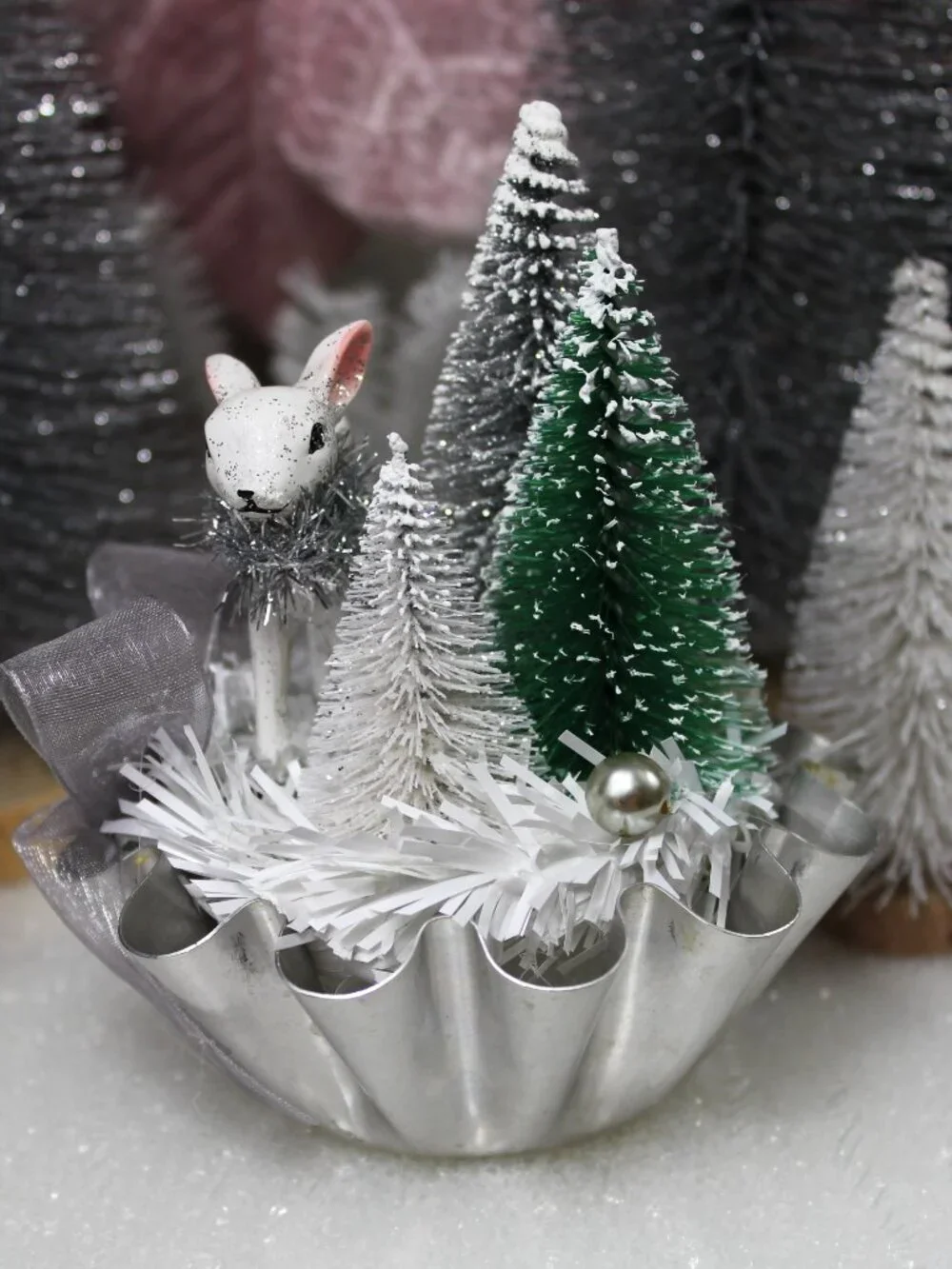 Silver Christmas Assemblage: Retro White Deer Bottle Brush Trees Vintage Tin